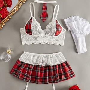 Plaid Schoolgirl Cosplay Lingerie Set Lace Bralette Mini Skirt Tie <b>Gloves</b> Women Role‑Play Intimate Costume Lingerie Wholesale - Product Image 1
