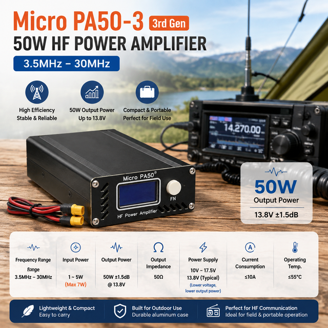 Micro PA50 3 3rd Gen 50W HF Power Amplifier 3.5 30MHz Portable Shortwave Power Amp Ham Radio Accessory