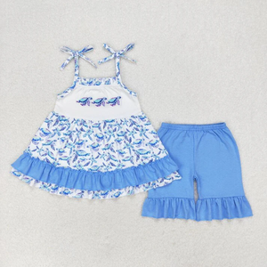 Vêtements d'été pour enfants, tenues décontractées avec broderie de tortue de mer bleue, ensembles de shorts de boutique, ensembles assortis pour frères et sœurs, bébés, filles et garçons - Product Image 2