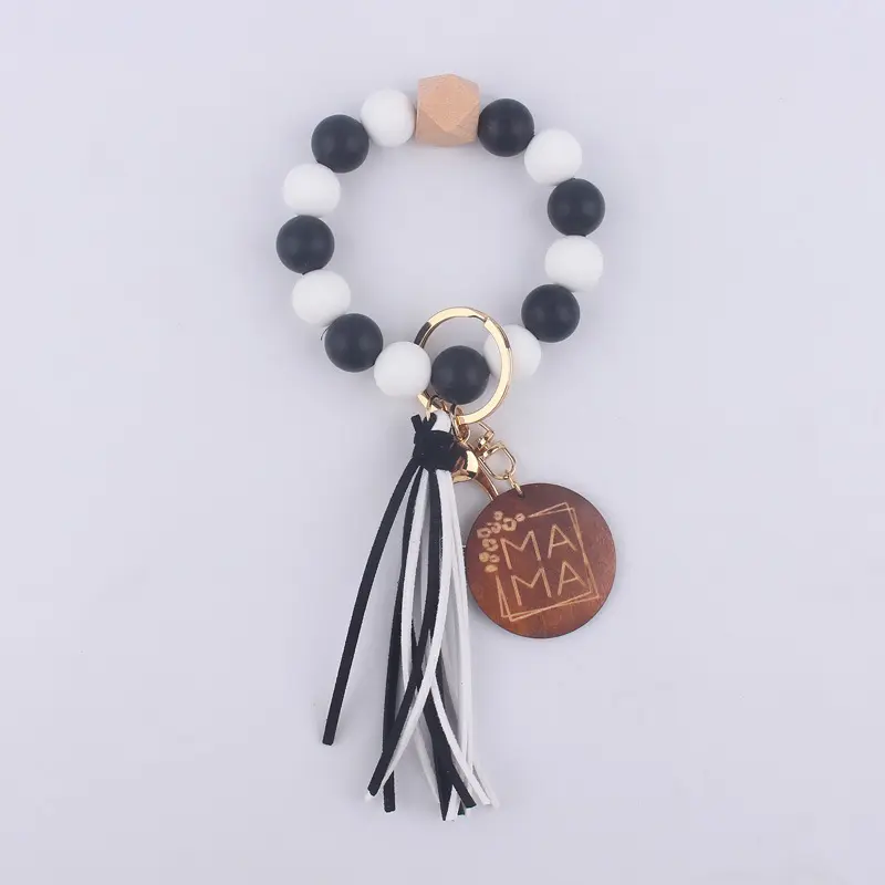 Key Chains Women Wristlet Bracelet Keychain Silicone Beads Bangle Chains Key Rings with Leather Tassel