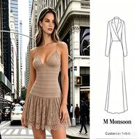 Robe de soirée décontractée style européen et américain, col nu, décolleté plongeant en V, fermeture éclair, jupe plissée avec dentelle, taille ajustée, mettant en valeur la silhouette