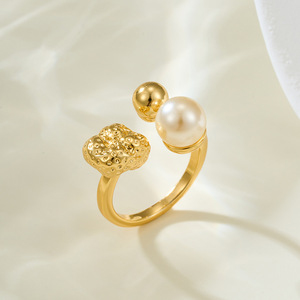 Pearl <b>Ring</b> Gold Textured Adjustable <b>Opening</b> Bezel Setting AAA Grade Round Geometric Shape Everyday Wear - Product Image 1