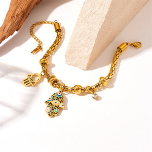 Gold Plated Titanium Steel <b>Hamsa</b> Hand Charm <b>Bracelet</b> For Women Gift Jewelry - Product Image 2