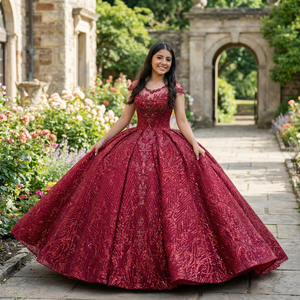 Robe de soirée vintage XS219 à manches courtes, bordeaux, pailletée, pour soirée - Product Image 1