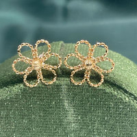 Pendientes de Oro Sólido 18K AU750 con Diseño de Girasol Tejido, Corte Láser, Abalorios Huecos Florales, Pendientes Finos de Oro para Mujer al por Mayor