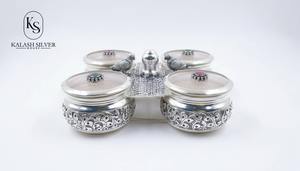 Ensemble de boîtes à fruits secs en argent sterling 925 avec quatre contenants et plateau gravé, argenterie artisanale de qualité supérieure - Product Image 3