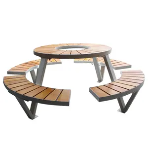 Muebles de exterior Gavin, productos de parque de atracciones de metal, mesas redondas de picnic con bancos, muebles de calle para exteriores de madera