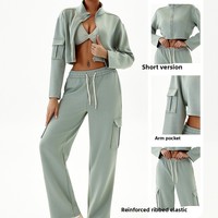 Ensemble de sport décontracté pour femme avec poches de style workwear, veste zippée à col montant et pantalon décontracté à jambe droite, ensemble deux pièces