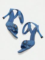 Sandales à talons hauts pour femmes en toile bleue, à bout ouvert carré, avec bride de cheville à boucle et rivets à œillets, talon évasé, chaussures habillées pour la vente en gros