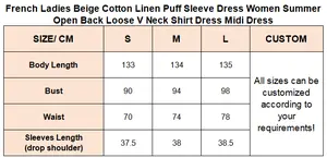 French Ladies Beige Cotton Linen Puff Sleeve Dress Women Summer Open Back Loose V Neck Shirt Casual Dress Midi Dress