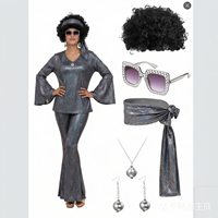 Costume disco des années 70 pour femmes, ensemble pantalon pattes d'éléphant métallisé scintillant avec perruque afro, lunettes, tenue rétro pour fête d'Halloween