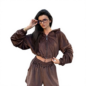 Ensemble 2 pièces pour femmes en satin marron à capuche et fermeture éclair, manches longues, coupe ample, couleur unie, pour toutes les saisons, à porter au quotidien - Product Image 1