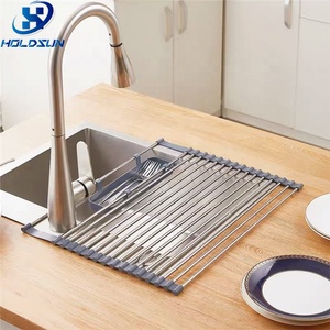 Escurridor de Platos Enrollable de Acero Inoxidable Resistente al Calor, Plegable, para Fregadero de <span class=keywords><strong>Cocina</strong></span>, con Cesta de Almacenamiento para Cucharas y Tenedores - Product Image 5