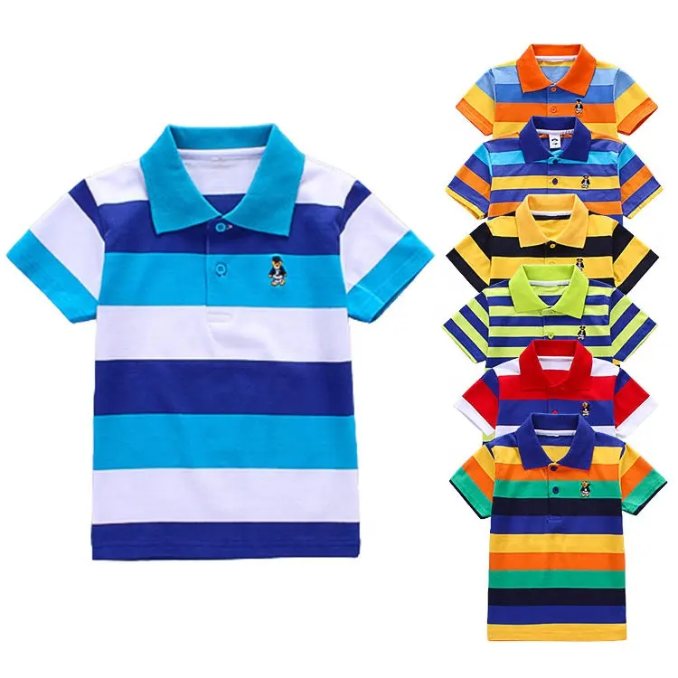 Toptan yaz çocuklar okul yüksek kalite Polo gömlekler özel işlemeli tasarım pamuk erkek T-shirt çizgili Polo gömlekler