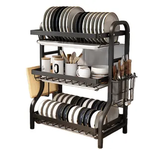 Escurridor de platos de gran capacidad de un solo nivel, estante de secado con almacenamiento de plástico negro para escurridor automático de cocina