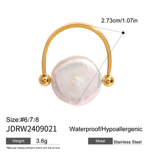 <span class=keywords><strong>Bague</strong></span> en perle baroque à gros bouton d'eau douce <span class=keywords><strong>plate</strong></span> à la mode <span class=keywords><strong>Bague</strong></span> en acier inoxydable plaqué or 18 carats pour la fête de fiançailles de mariage - Product Image 6