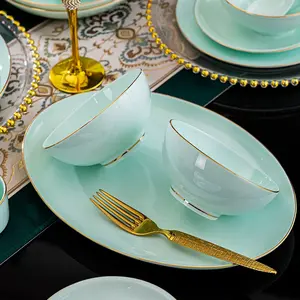 Hand-Painted Golden Edge Ceramic Tableware Set Household Bone China Celadon Bowl Plate Dish Soup Bowl-Europe Design Style