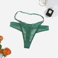 Culotte en dentelle pour femme, taille mi-haute, verte, transparente, en maille, à bande croisée