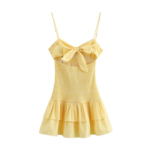 Vestido Mini a Cuadros con Tirantes Finos <span class=keywords><strong>y</strong></span> Espalda Descubierta para Mujer, con Lazo <span class=keywords><strong>y</strong></span> Cintura Elástica, OEM de Fábrica de Ropa China - Product Image 1