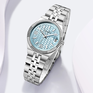 Montre de luxe en acier inoxydable à quartz pour <span class=keywords><strong>femme</strong></span>, argentée, avec aiguilles lumineuses, verre saphir, date, étanche, 32 mm - Product Image 4