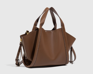 Brown Solid Color Retro Tote Bag PU Portable Shoulder Handbag Crossbody <b>Purse</b> <b>with</b> Side <b>Zip</b> Design for Daily Commuting - Product Image 2