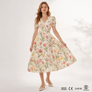 Vestido Midi <span class=keywords><strong>de</strong></span> Viscosa para Mujer, 120G, Corte en A, <span class=keywords><strong>Manga</strong></span> Abullonada, Cintura Natural, Bordado Tonal, Estampado Floral <span class=keywords><strong>de</strong></span> Tulipanes Holandeses, Venta al Por Mayor - Product Image 1