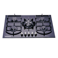 Table de cuisson à gaz encastrable 5 brûleurs avec panneau en verre trempé, allumage électronique, compatible GPL/GN, classe A d'efficacité énergétique