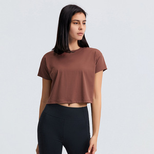 Camiseta básica recortada de manga corta para <span class=keywords><strong>Yoga</strong></span> y correr, Camiseta corta de entrenamiento para mujer, camisetas deportivas para mujer - Product Image 4