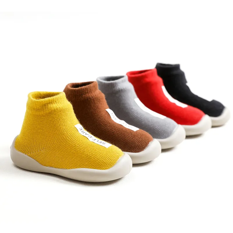 Text label non-slip soft baby rubber sole shoes terry cotton socks