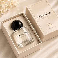 Botol Parfum Kaca Bulat Mewah dengan Pompa Semprot Tutup Bola Hitam Logo Kustom Kotak Hadiah 30ml 50ml 100ml