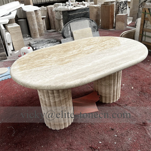 Table à manger en travertin blanc sur mesure, mobilier en pierre, table à manger ovale cannelée en marbre travertin - Product Image 3