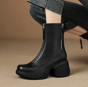 Chaussures à talon épais et bout pointu en cuir véritable et peau de mouton faites à la main pour femme, collection printemps-automne, à enfiler - Product Image 1