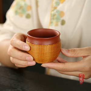 Yixing Purple Clay Cup Handmade Bamboo Woven Tea Cup Single Kung Fu Tea Set Traditional Chinese Style Round Shape - Product Image 5