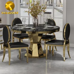 Conjunto de mesa de comedor de lujo, mueble de vidrio dorado DT 008