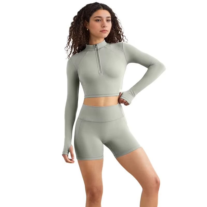 Women's Yoga Top Long-Sleeved Tight-Fit Running Outdoor Quick-Drying High-Intensity Suit Solid Elastic Waist 2-Piece Set Front