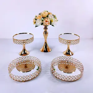 Luxe perle cristal miroir dessus gâteau support fête de mariage décoration ronde or gâteau piédestal métal affichage gâteau support ensemble