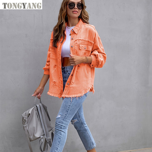 TONGYANG 2024 tendencia primavera otoño recién llegados Jeans abrigo moda rasgado Jeans <span class=keywords><strong>chaqueta</strong></span> de manga larga Casual vaquero chaquetas de mujer - Product Image 3