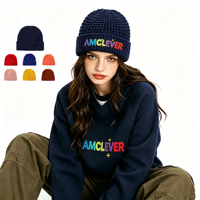 AMCLEVER 2026 Bonnet en tricot gaufré avec perles, couleur macaron, chaud, à cache-oreilles, respirant, décontracté, pour l'hiver, logo personnalisé OEM
