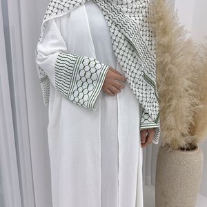 White Linen Embroidered <b>Abaya</b> Women Long Sleeve Loose Fit Muslim Robe for Daily <b>Prayer</b> Ramadan - Product Image 1