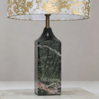 Lampe de table en marbre vert naturel, abat-jour cylindrique en tissu imprimé doré, lampe de bureau décorative de luxe pour hôtel, villa, chambre à coucher