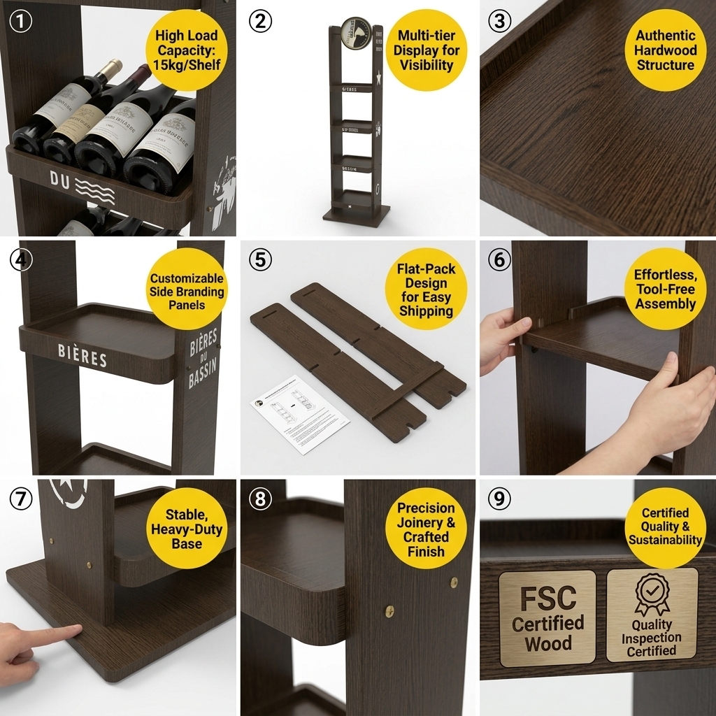 Custom Wine Display Racks 4-Tier Wood Liquor Merchandiser Knock Down Round Header Display Stand for Liquor Store & Supermarket — view 5