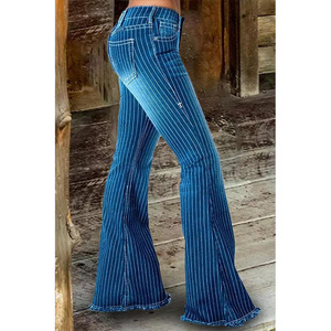 New Cross-Border European American Women's Hot Selling Explosions Striped Flared Wide Leg Pants Washed Spring Mid Waterproof - Product Image 4