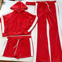 Setelan Olahraga Wanita Kasual Beludru dengan List Samping Custom Berkualitas Tinggi, Jaket Velour dan Celana Jogger 2 Potong, Pakaian Wanita