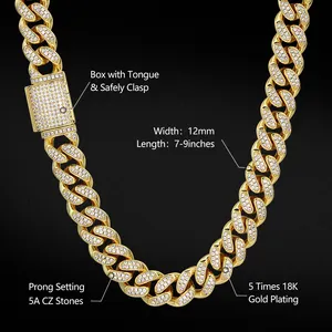 Chaîne à mailles cubaines style Hip Hop pour hommes, KRKC 12mm 18k, or, Miami, mailles cubaines, bling-bling, collier pour hommes