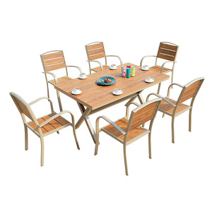 Ensemble de jardin, table et chaises en bois d'extérieur, 6 places, structure en aluminium, design moderne, pour patio, jardin, balcon. - Product Image 1