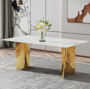 Modern Square Stone Dining <b>Table</b> with White Marble Glass Top and Golden Metal Legs for Hotel Use - Product Image 1