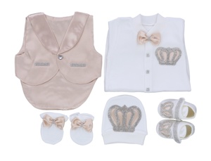 100% coton tricoté bébé garçons printemps barboteuse ensemble Beige haute qualité 5 pièces en gros personnalisé nouveau-né nouveau Design lettre motif - Product Image 6