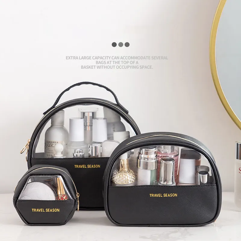 Bolsa de couro pu para cosméticos, maquiagem à prova d'água transparente portátil para viagem, de higiene pessoal