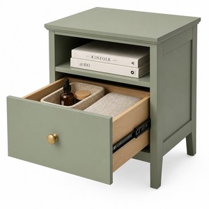 Table de chevet vert sauge, finition mate Japandi, bouton rond en laiton, un seul tiroir, pieds coniques en <span class=keywords><strong>chêne</strong></span>, style bohème minimaliste - Product Image 4