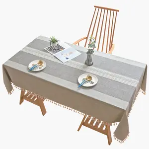 Wholesale linen table cloth tassel block print rectangular tablecloth india cotton linen cloth for Dining Party